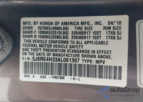 2010 Honda Cr-V Lx from USA, damaged, VIN 5J6RE4H33AL061397